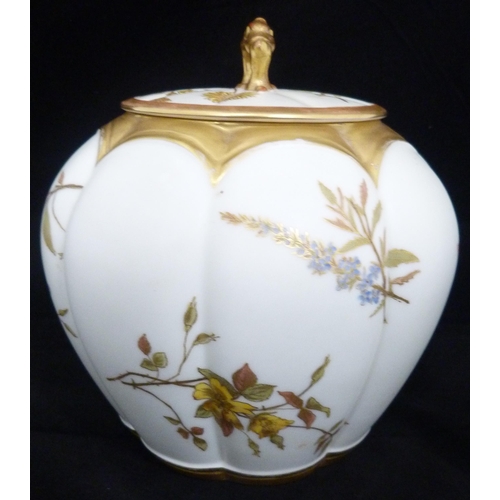 238 - Royal Worcester blush ivory globular jar and cover, c. early 20th century, with gilded loop handle a... 