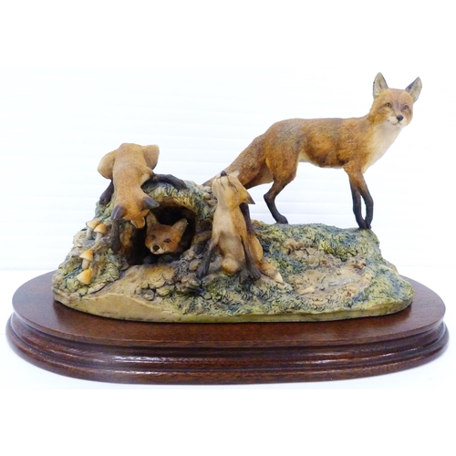 255 - Border Fine Arts figure group modelled as a fox and cubs, designed by David Geenty, on naturalistic ... 