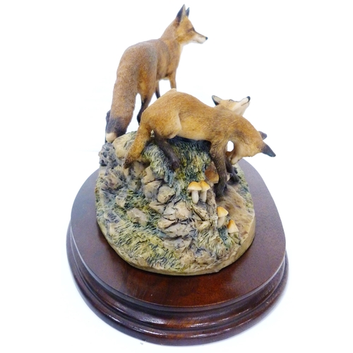 255 - Border Fine Arts figure group modelled as a fox and cubs, designed by David Geenty, on naturalistic ... 