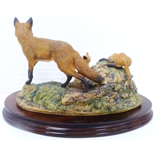 255 - Border Fine Arts figure group modelled as a fox and cubs, designed by David Geenty, on naturalistic ... 