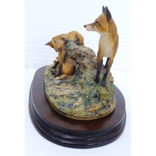 255 - Border Fine Arts figure group modelled as a fox and cubs, designed by David Geenty, on naturalistic ... 