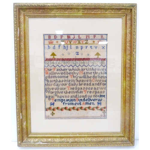 314 - Victorian needlepoint sampler worked by Margaret Thwane, 1894, with stitched alphabet above the Lord... 