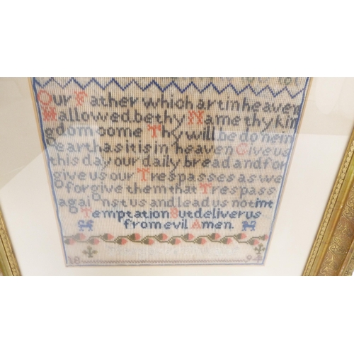 314 - Victorian needlepoint sampler worked by Margaret Thwane, 1894, with stitched alphabet above the Lord... 