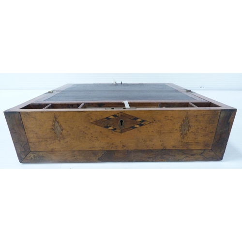 221 - Victorian specimen wood and marquetry inlaid writing slope, the hinged top opening to reveal a toole... 