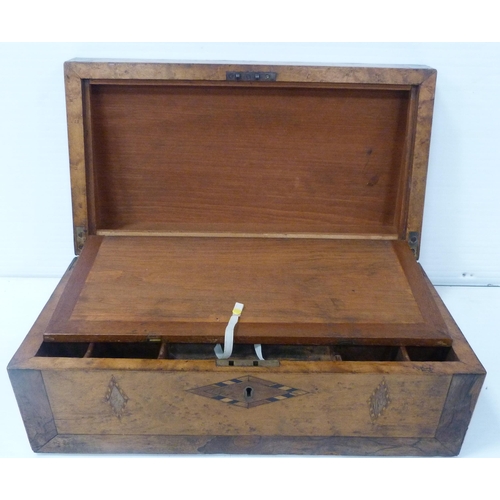 221 - Victorian specimen wood and marquetry inlaid writing slope, the hinged top opening to reveal a toole... 