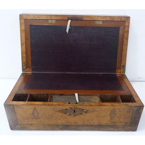 221 - Victorian specimen wood and marquetry inlaid writing slope, the hinged top opening to reveal a toole... 