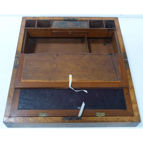 221 - Victorian specimen wood and marquetry inlaid writing slope, the hinged top opening to reveal a toole... 