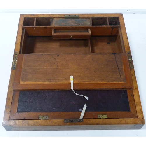 221 - Victorian specimen wood and marquetry inlaid writing slope, the hinged top opening to reveal a toole... 