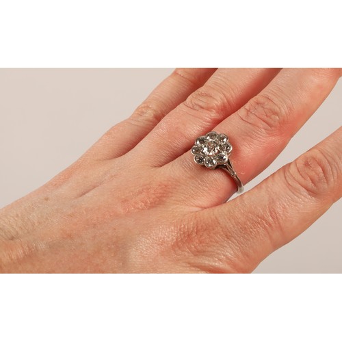 65 - Ladies Diamond daisy cluster ring set in white metal, central stone 0.5 carat surrounded by eight 0.... 