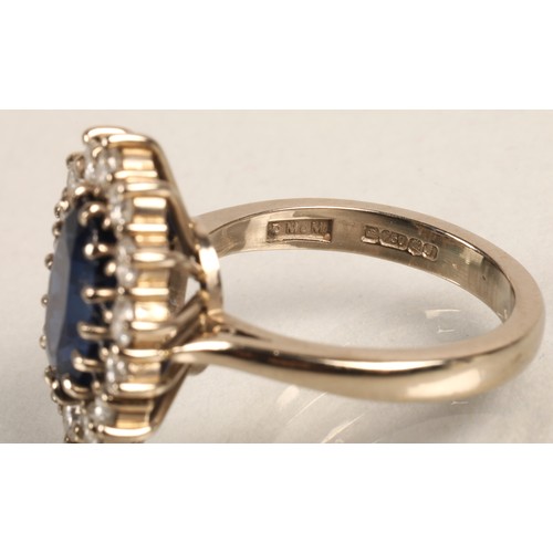 77 - Ladies 18ct white gold sapphire and diamond ring, central sapphire surrounded by fourteen small diam... 