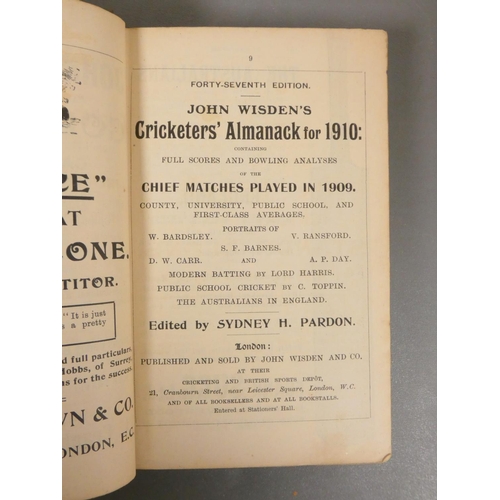 71 - WISDEN.  Three Cricketers' Almanacks rebound in brown cloth. 1910 without wrappers; 1911 w... 