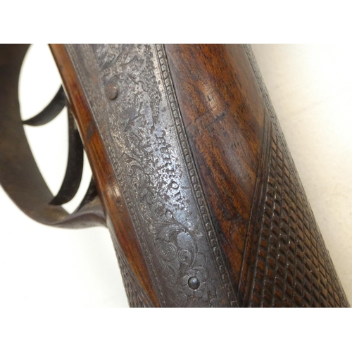 341 - 19th century 12 bore percussion cap side by side shotgun by James Burrow of Preston, 28 inch striped... 