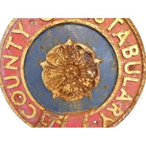 343 - 1930s painted cast iron County Constabulary circular wall plaque, with central rose beneath crown. H... 