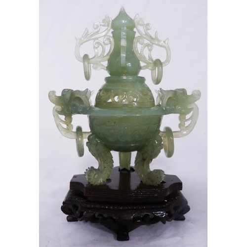 272 - Chinese carved lime jade urn-shaped incense burner and cover, 20th century, with dragon mask finials... 