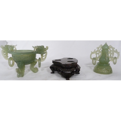 272 - Chinese carved lime jade urn-shaped incense burner and cover, 20th century, with dragon mask finials... 