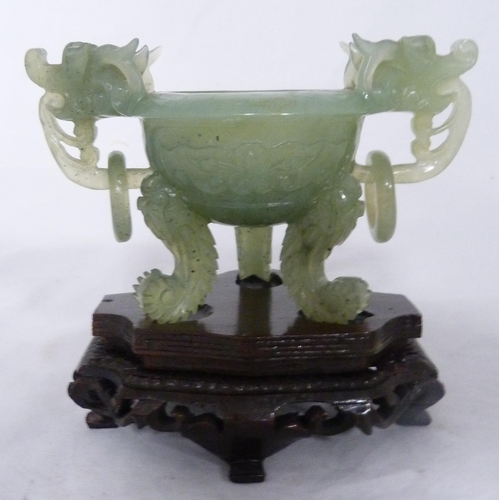 272 - Chinese carved lime jade urn-shaped incense burner and cover, 20th century, with dragon mask finials... 