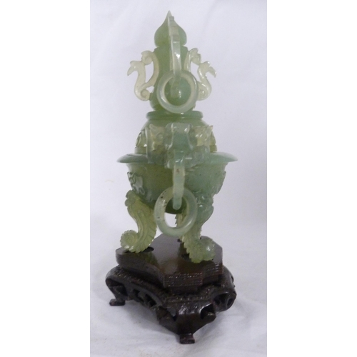 272 - Chinese carved lime jade urn-shaped incense burner and cover, 20th century, with dragon mask finials... 