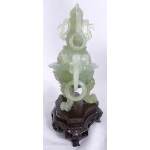 272 - Chinese carved lime jade urn-shaped incense burner and cover, 20th century, with dragon mask finials... 