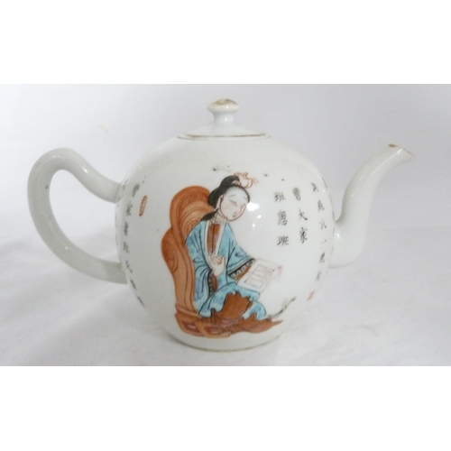 273 - Chinese Wu Shuang Pu (Table of Peerless Heroes) globular-shaped porcelain teapot of small form, deco... 