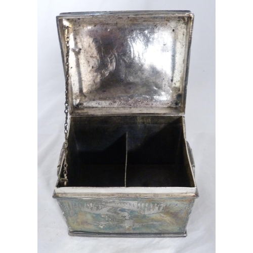 278 - Chinese export white metal tea caddy engraved with Geisha to the hinged top and various engraved sub... 