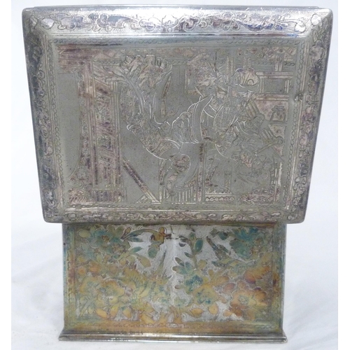 278 - Chinese export white metal tea caddy engraved with Geisha to the hinged top and various engraved sub... 