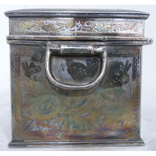 278 - Chinese export white metal tea caddy engraved with Geisha to the hinged top and various engraved sub... 