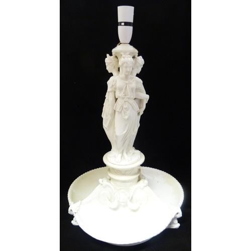 228 - In the Manner of Minton19th century blanc de chine glazed figural table lamp modelled as the Three G... 