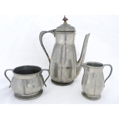 208 - Liberty & Co Art Nouveau Tudric pewter coffee pot with matching cream and sugar, c. early 20th c... 