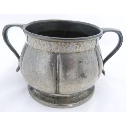 208 - Liberty & Co Art Nouveau Tudric pewter coffee pot with matching cream and sugar, c. early 20th c... 