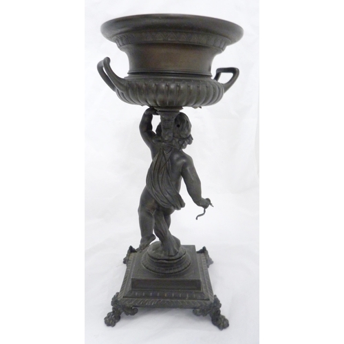 209 - Pair of Victorian Patent spelter urns, converted to table lamps, each raised aloft by a classical pu... 