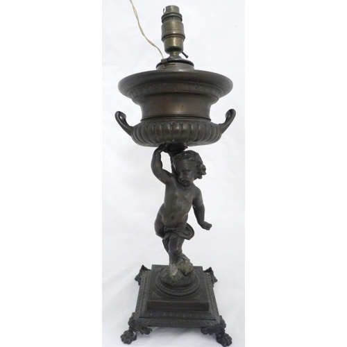 209 - Pair of Victorian Patent spelter urns, converted to table lamps, each raised aloft by a classical pu... 