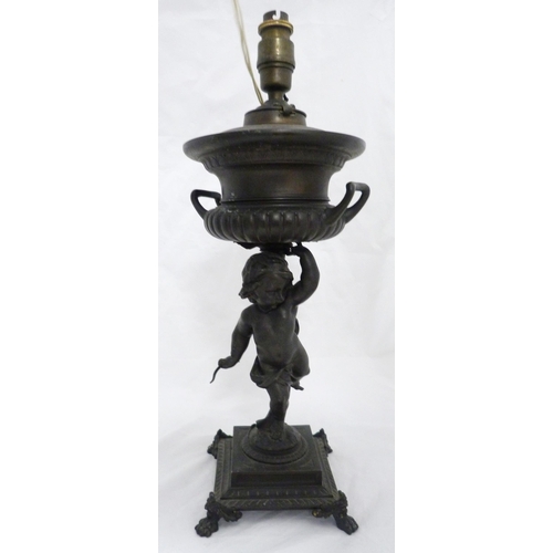 209 - Pair of Victorian Patent spelter urns, converted to table lamps, each raised aloft by a classical pu... 