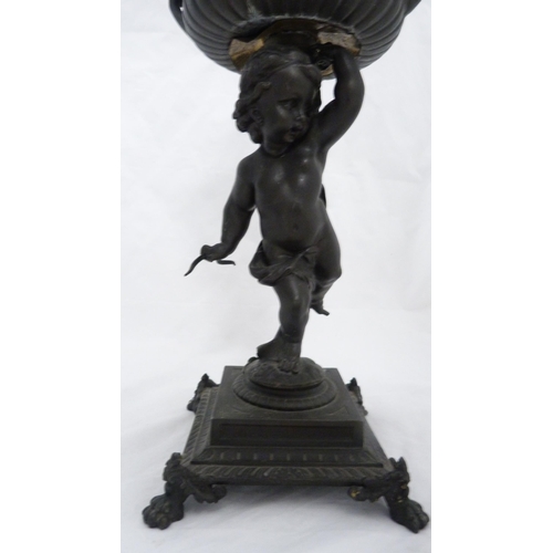 209 - Pair of Victorian Patent spelter urns, converted to table lamps, each raised aloft by a classical pu... 