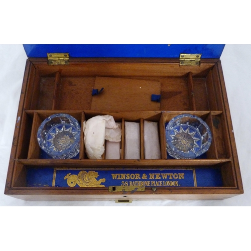 213 - Winsor & Newton mahogany artist's paint box, 19th century, the hinged cover with gilt printed la... 