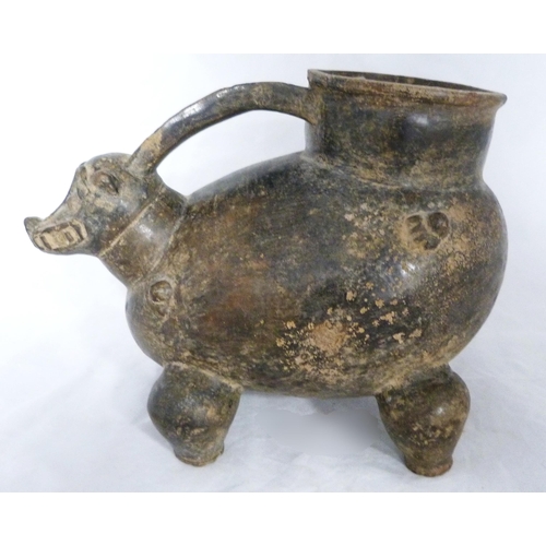 302 - Pre-Columbian black pigment terracotta vessel in the form of a horned animal (Sierra Nevada de Santa... 