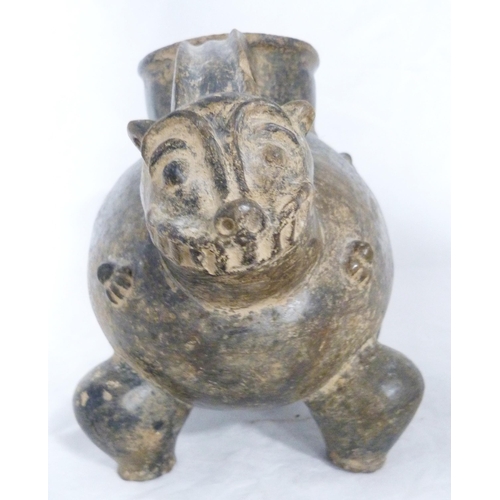 302 - Pre-Columbian black pigment terracotta vessel in the form of a horned animal (Sierra Nevada de Santa... 