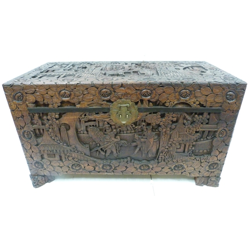 428 - Oriental carved camphorwood blanket chest (20th century), the hinged top profusely carved with figur... 