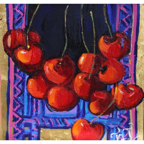 400 - 20TH CENTURY SCHOOL, still life of cherries, oil painting, signed lower right 'JAJ 0'? 14cm x 14cm, ... 