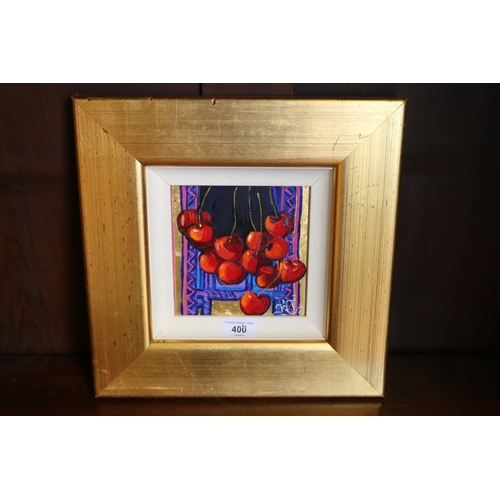 400 - 20TH CENTURY SCHOOL, still life of cherries, oil painting, signed lower right 'JAJ 0'? 14cm x 14cm, ... 