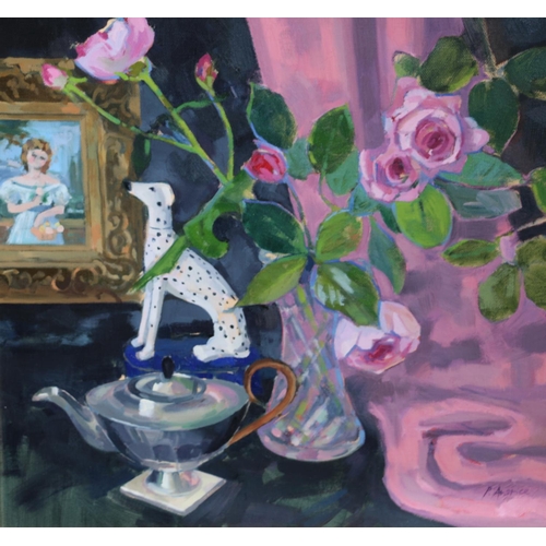 403 - PENELOPE ANSTICE, still life table-top with glass vase of roses, Staffordshire Dalmatian, etc., oil ... 