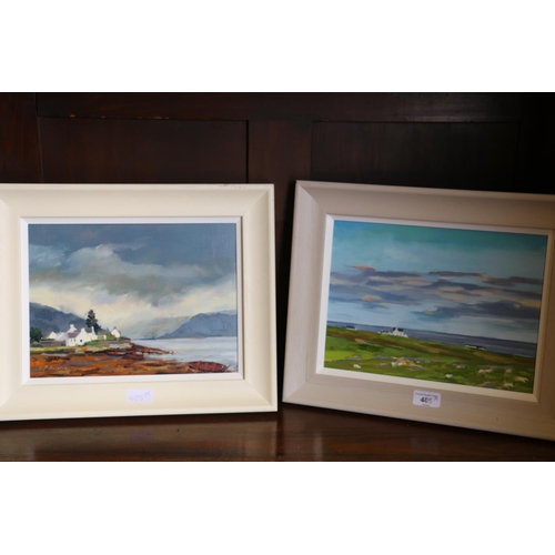 405 - PENELOPE ANSTICE, Tiree and Plockton, two oil paintings on board, signed, 21cm x 29cm, frame 33cm x ... 