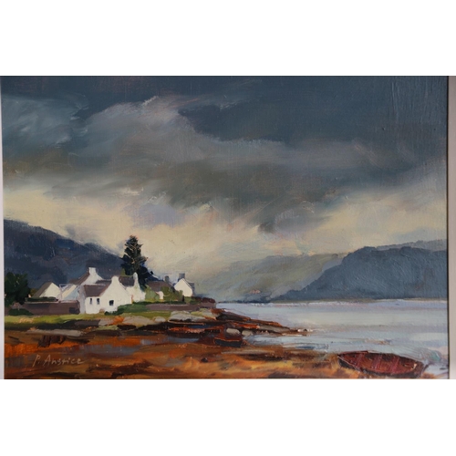 405 - PENELOPE ANSTICE, Tiree and Plockton, two oil paintings on board, signed, 21cm x 29cm, frame 33cm x ... 