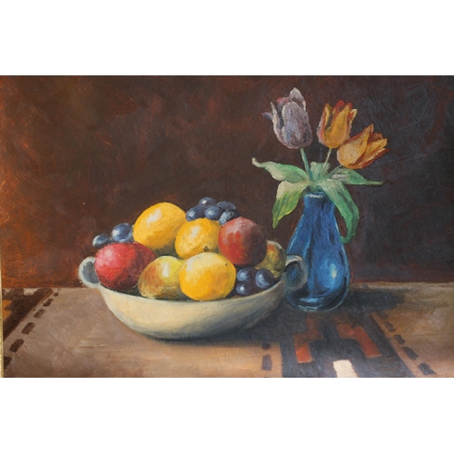 407 - ASBJORN ASPENES, still life table top with bowl of fruit and vase of flowers, oil on board, signed l... 