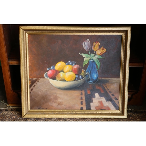 407 - ASBJORN ASPENES, still life table top with bowl of fruit and vase of flowers, oil on board, signed l... 