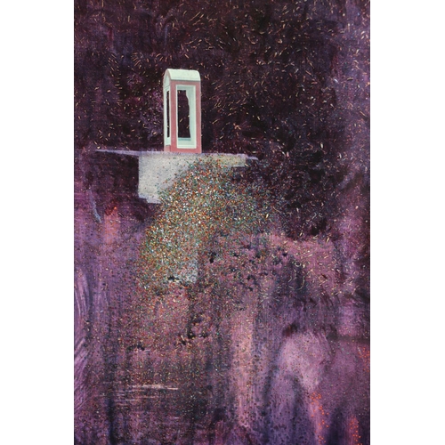 413 - 20TH CENTURY SCHOOL, purple panel with phonebox, mixed media, unsigned, 45cm x 37cm.