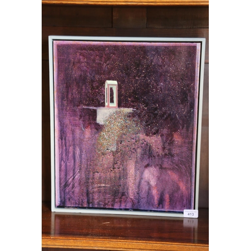 413 - 20TH CENTURY SCHOOL, purple panel with phonebox, mixed media, unsigned, 45cm x 37cm.