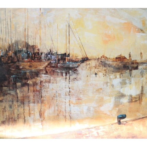 417 - DESDE EL PASEO, boats in a harbour, print, unsigned, 67cm x 78cm, frame 95cm x 105cm.