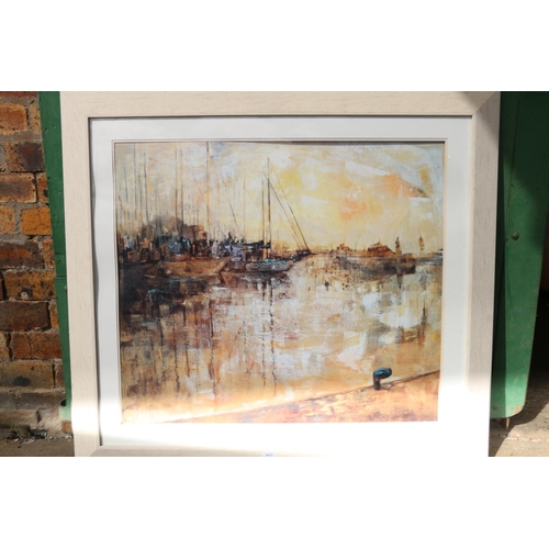 417 - DESDE EL PASEO, boats in a harbour, print, unsigned, 67cm x 78cm, frame 95cm x 105cm.