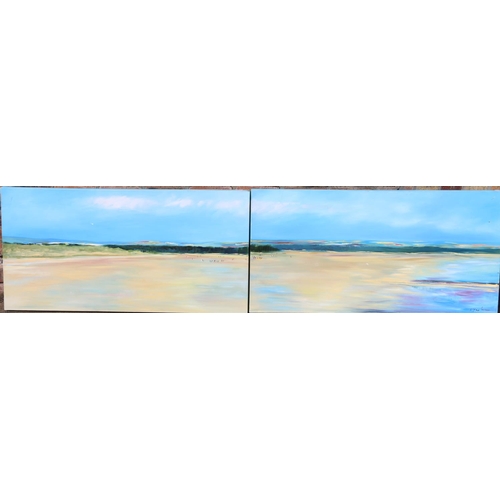 418 - LYN ? two beach scenes, oil on canvas, one signed lower right, 60cm x 121cm. (2)