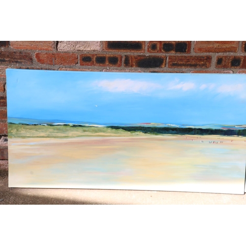 418 - LYN ? two beach scenes, oil on canvas, one signed lower right, 60cm x 121cm. (2)